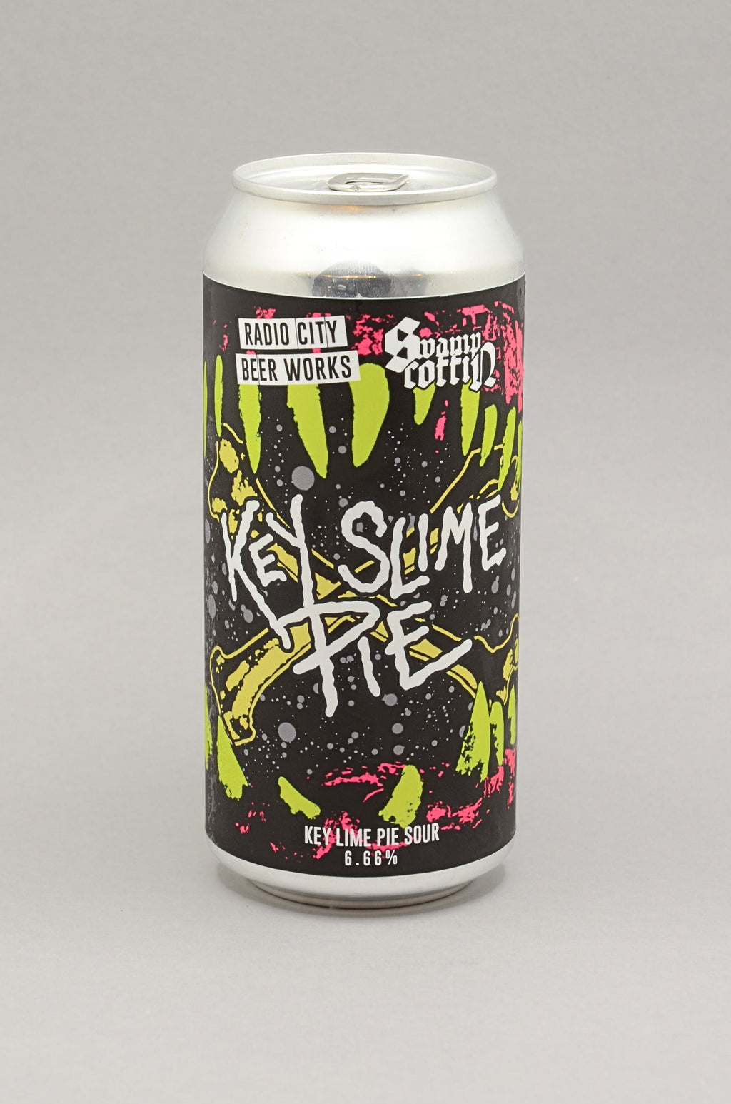 A 440ml aluminium can of Radio City Beer Works 'Key Slime Pie' sour on a neutral gray background.