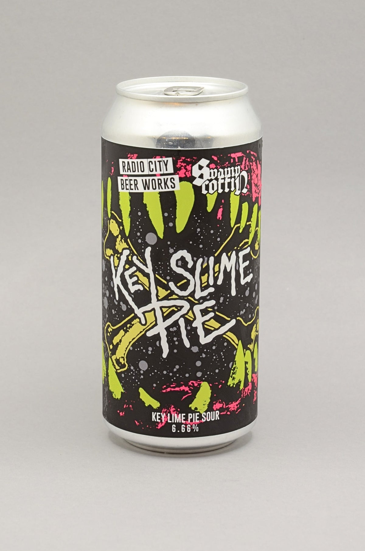A 440ml aluminium can of Radio City Beer Works 'Key Slime Pie' sour on a neutral gray background.