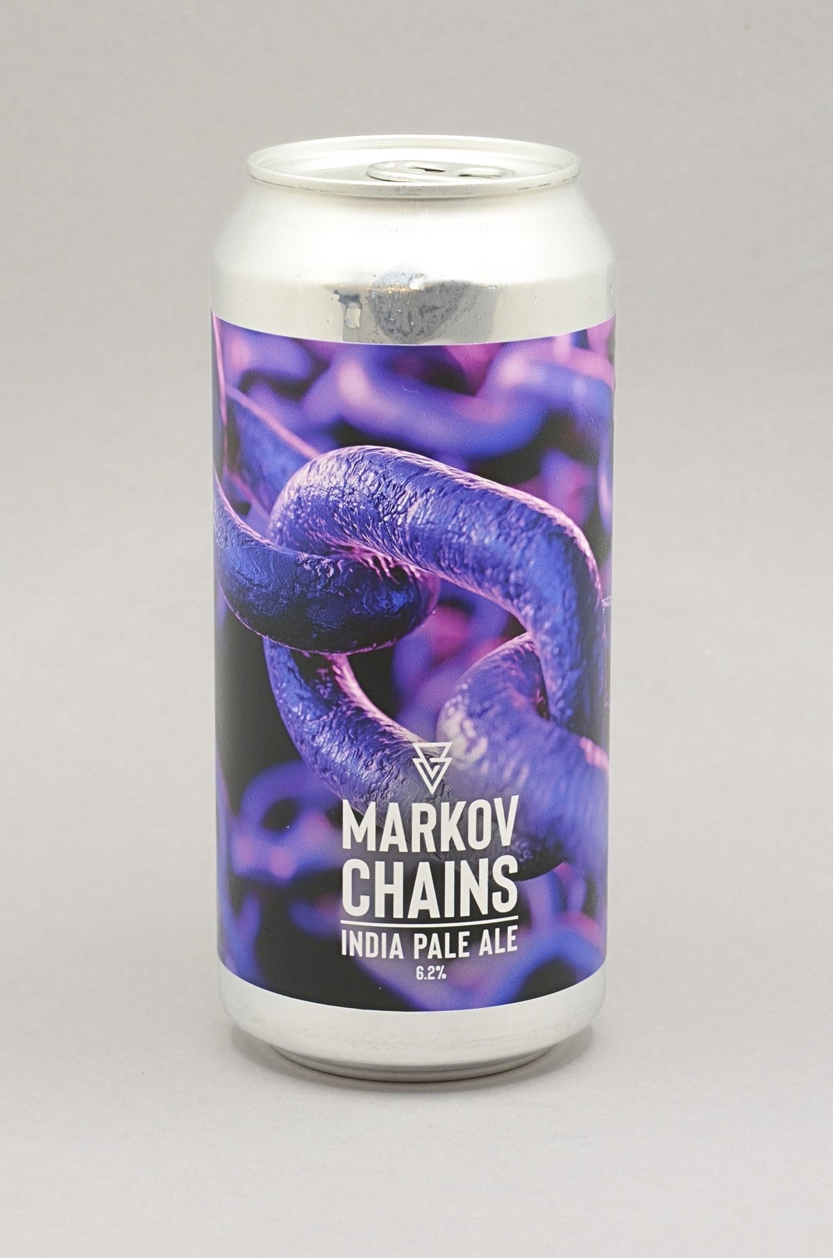 A silver aluminum can of Markov Chains India Pale Ale by Azvex Brewery with a purple and black label, photographed against a neutral gray background.