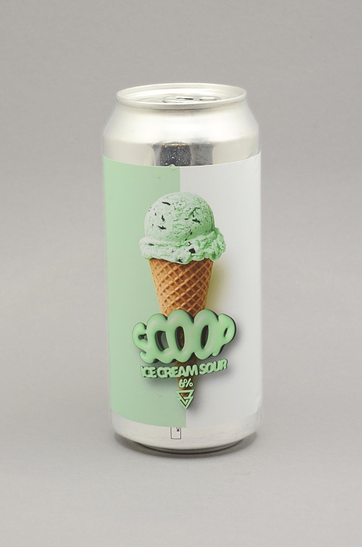 A silver aluminium can of 'Scoop Ice Cream Sour' featuring a mint green and white label with an ice cream cone graphic, set against a neutral gray background.
