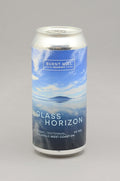 A single aluminium can of Burnt Mill Brewery Glass Horizon citrus west coast IPA, featuring a scenic blue sky and water label, set against a neutral gray background.