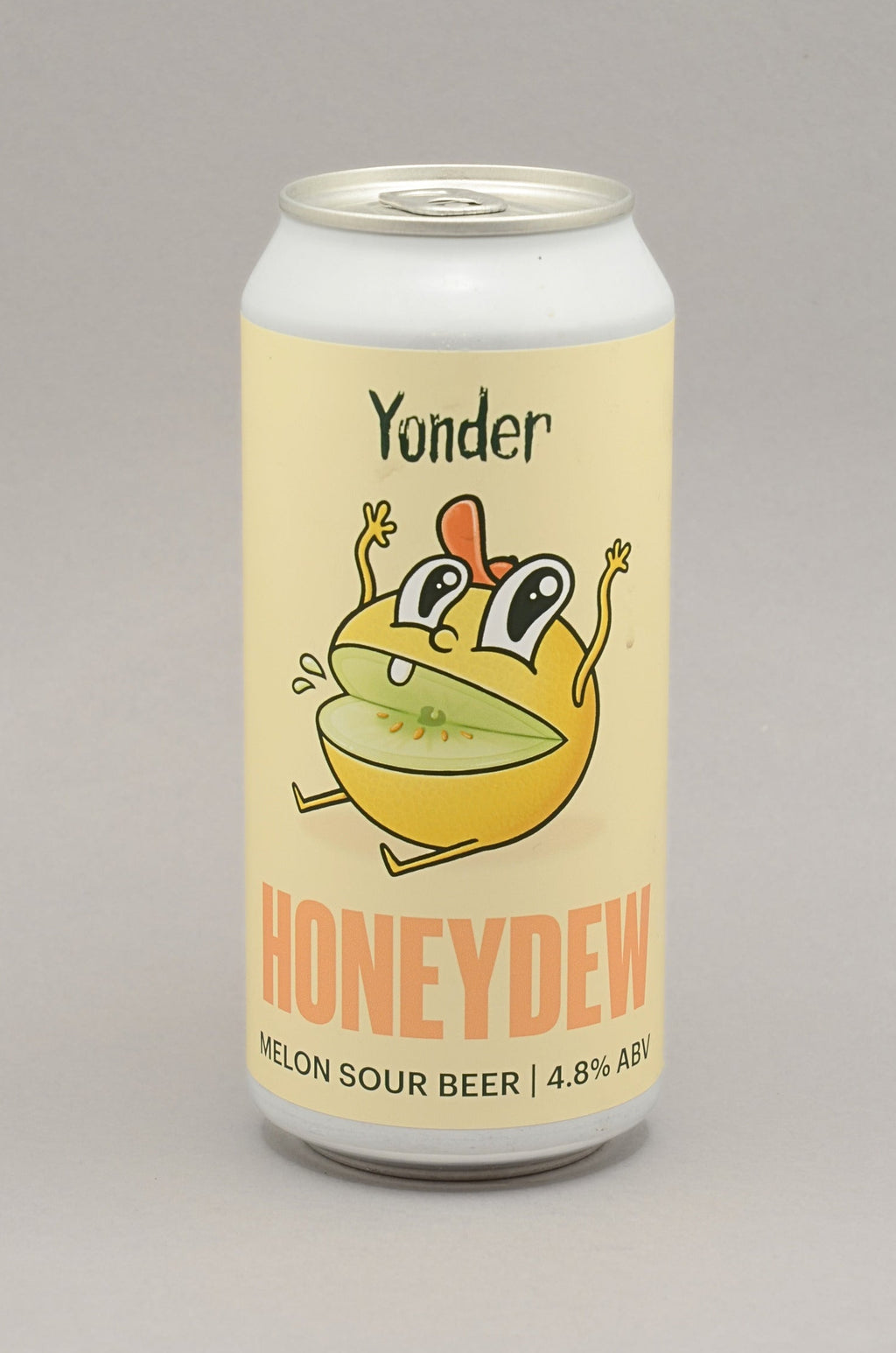 A can of Yonder Honeydew melon Sour Beer on a neutral gray background. The can features a pale yellow label with a cartoon illustration of a green and yellow melon character wearing an orange hat, and the word 'HONEYDEW' in orange text.